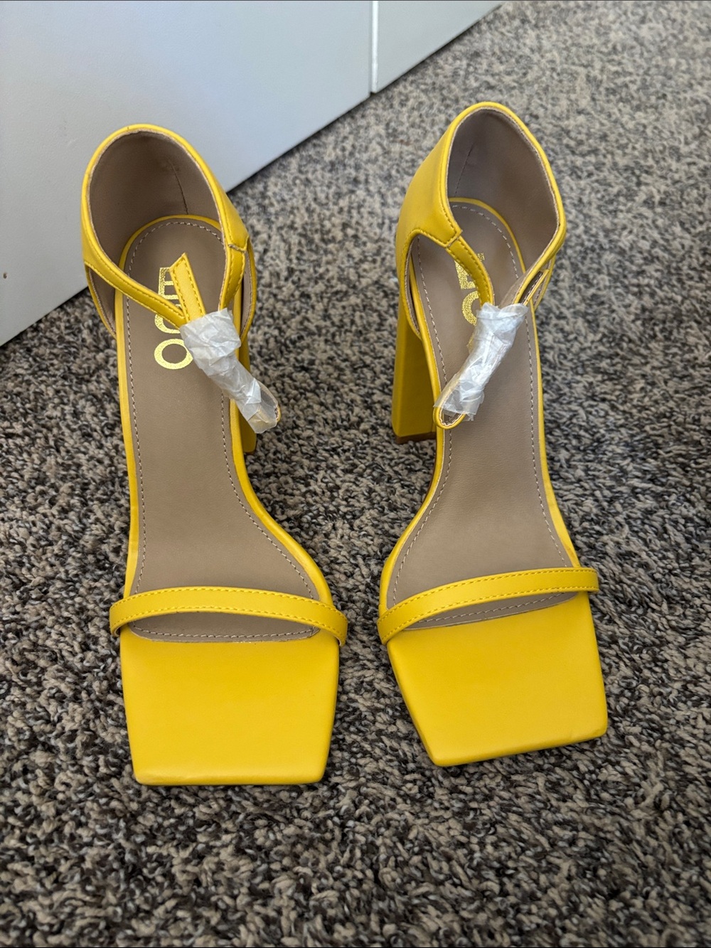 EGO Yellow Square Toe Block Heel Sandals